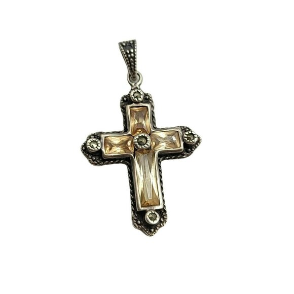 Sterling Silver .925 Yellow Faceted Glass Rhinestone Marcasite Cross Crucifix - Picture 1 of 4